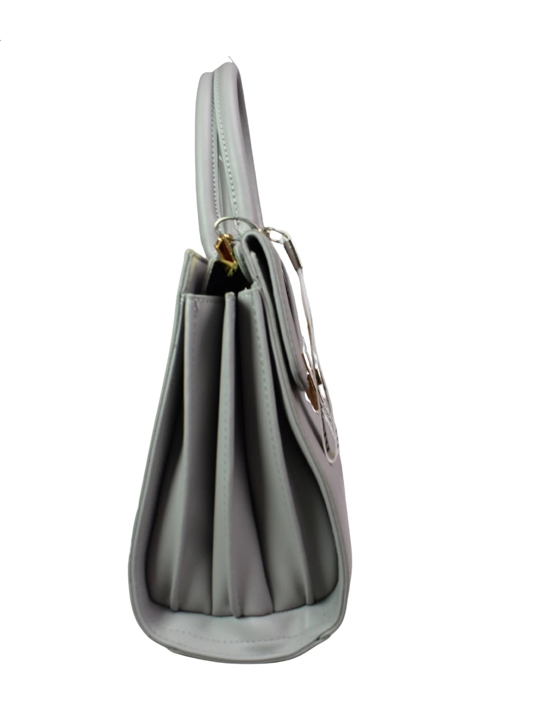 Gray handbag with a gold clasp on a white background