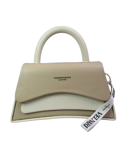 Beige handbag with a visible brand tag on a white background