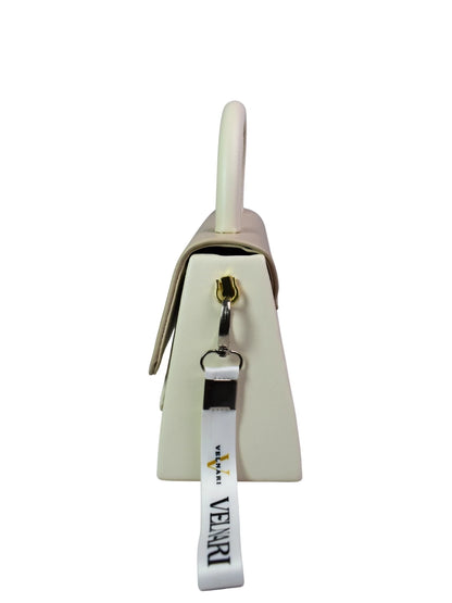 Beige handbag with a visible brand tag on a white background