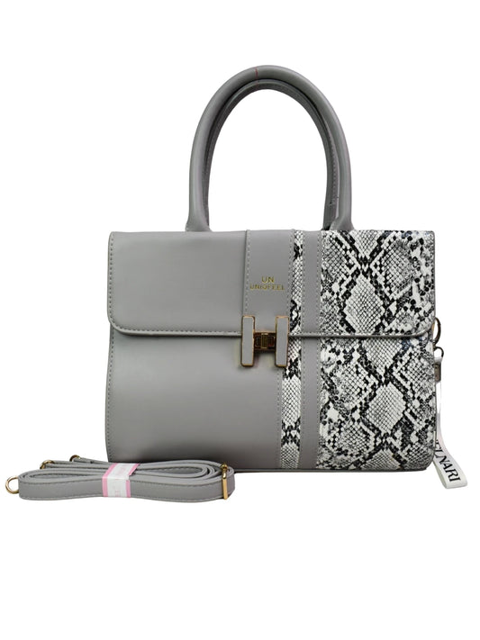 Gray handbag with snake print strap on a white background