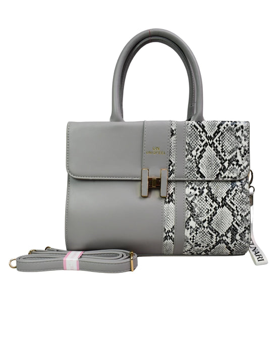 Gray handbag with snake print strap on a white background