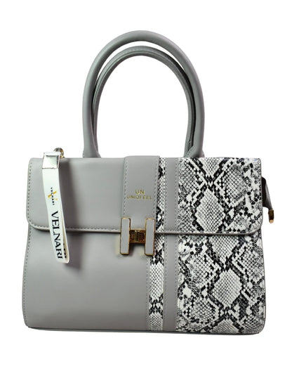 Gray handbag with snake print accents on a white background