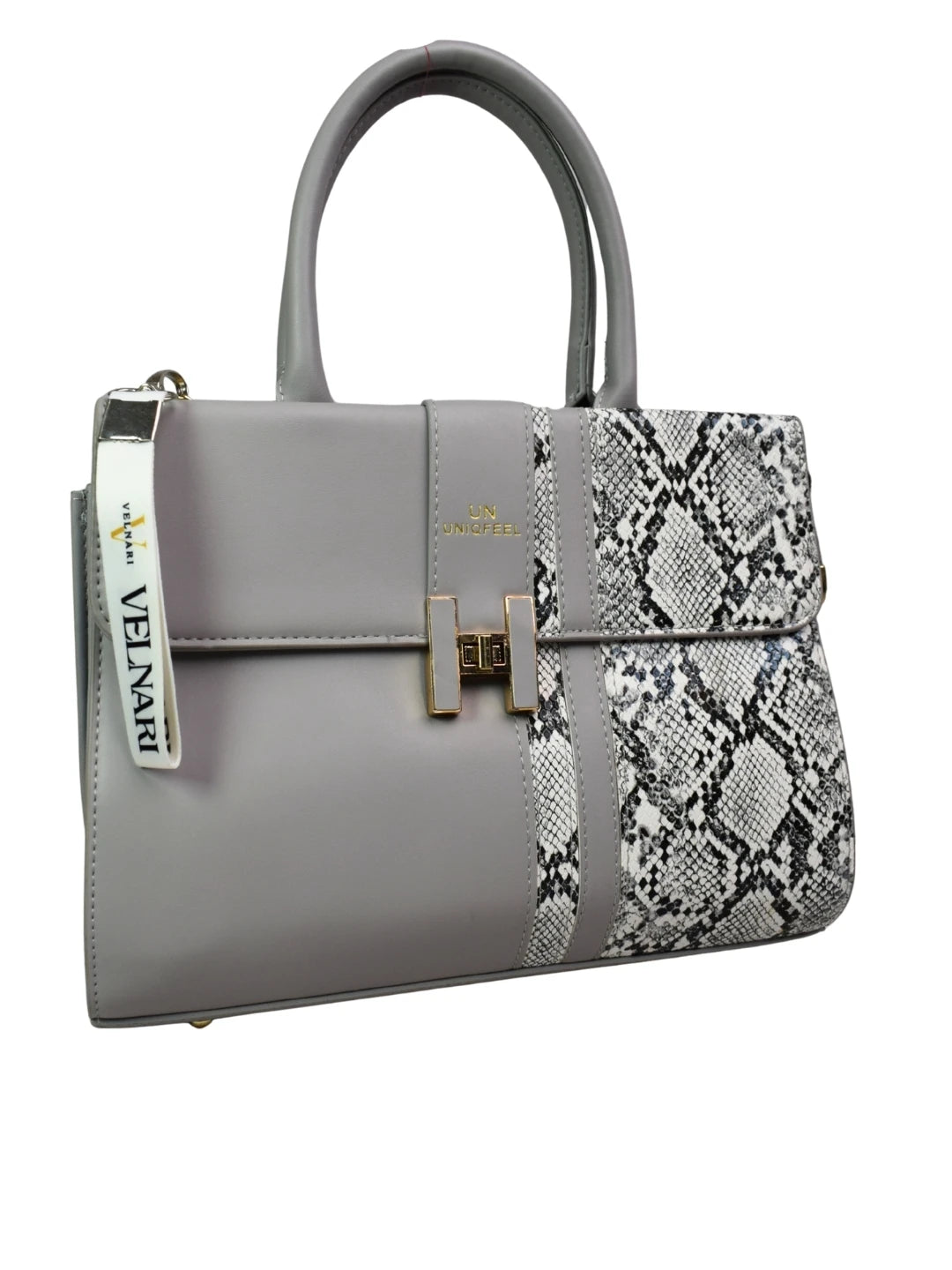 Gray handbag with snake print detail and visible brand name on a white background