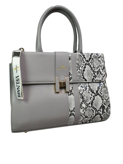 Gray handbag with snake print detail and visible brand name on a white background