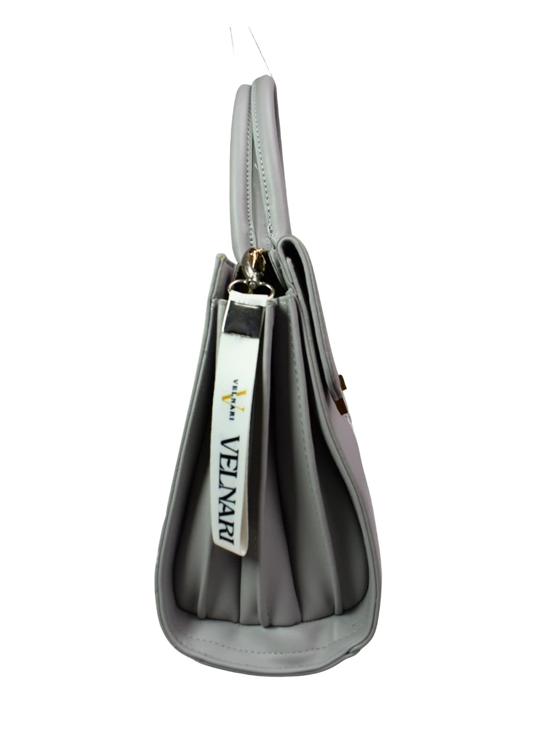 Gray handbag with a visible brand label on a white background