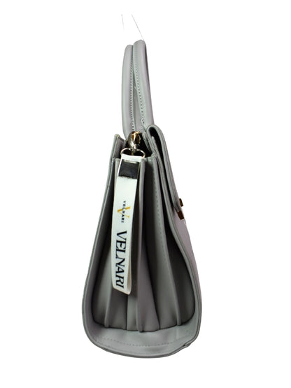 Gray handbag with a visible brand label on a white background